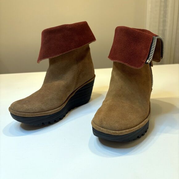 Fly London Yex Leather Suede Fold‎ Over Wedge Boots Booties US Size 7.5 - Picture 4 of 12